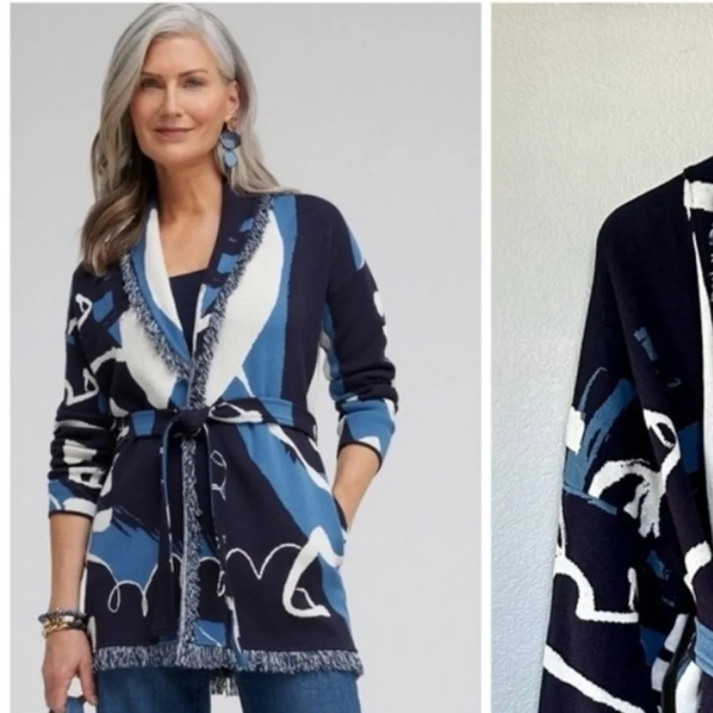 Chico's NWT Modern Impress Fringe Cardigan Classic Navy Abstract 3/XL